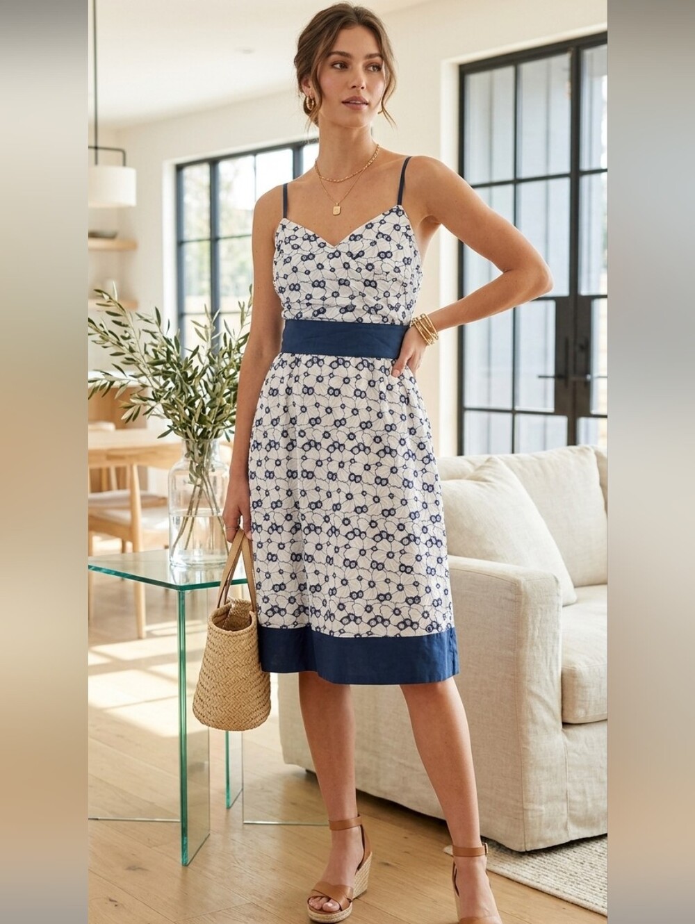 Sylvie & Mado Blue White Floral Eyelet A-Line Midi Dress Size L
